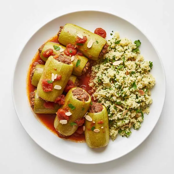 Apricot And Almond Beef Kousa Mahshi With Parsley Cous Cous